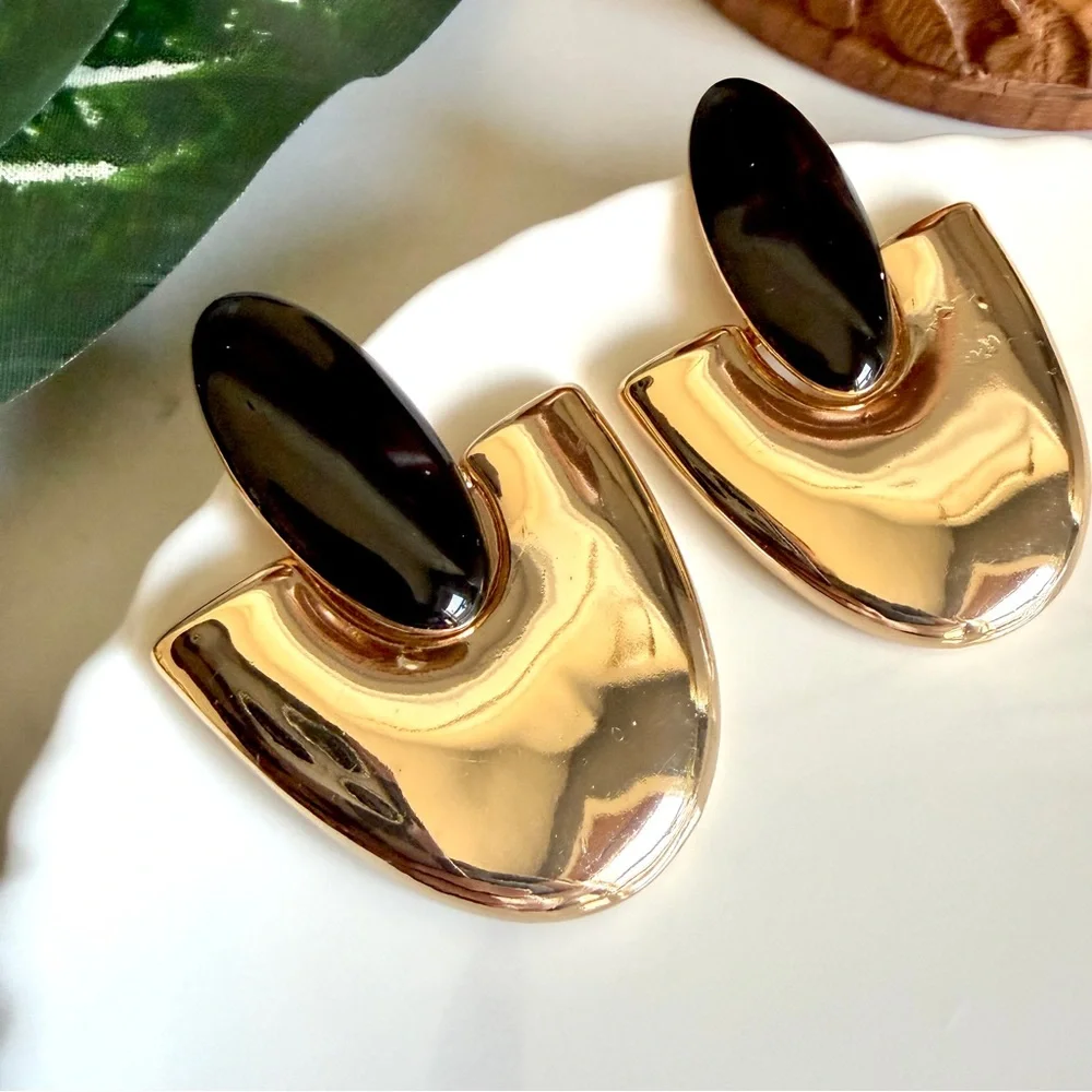2/$30🌵 Vintage Style Gold Disc Black Earrings Arch 90’s Hoop Gift Jewelry NEW